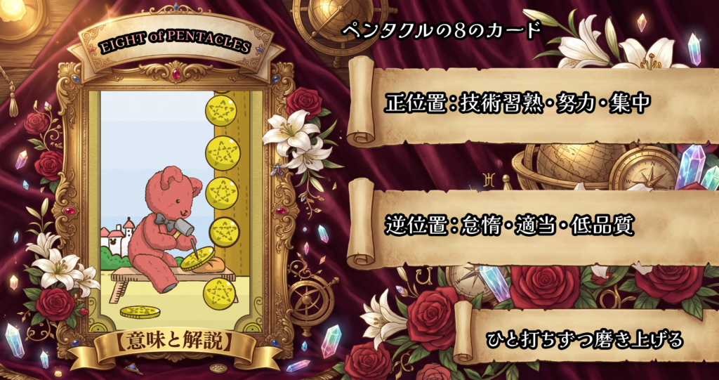 タロットカード「ペンタクルの8」の意味解説｜正位置：熟練・努力・専門性／逆位置：怠慢・低品質・無気力
