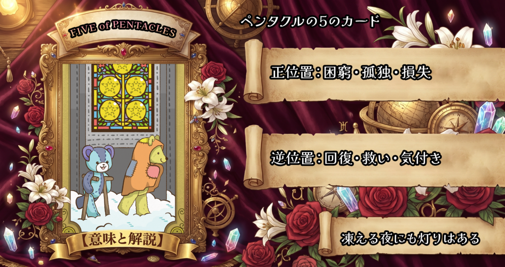 タロットカード「ペンタクルの5」の意味解説｜正位置：困窮・喪失・孤独／逆位置：回復・援助・希望