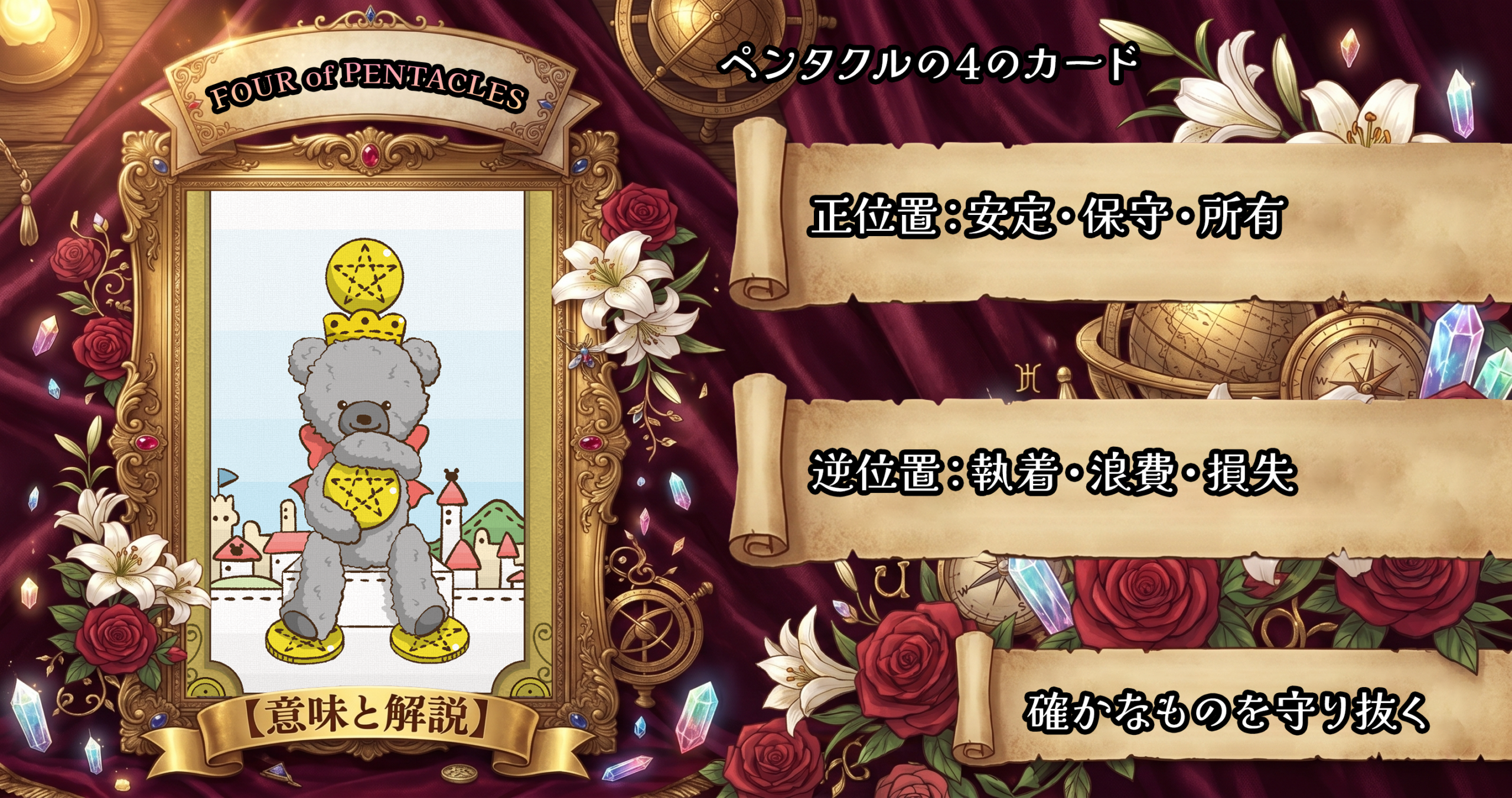 タロットカード「ペンタクルの4」の意味解説｜正位置：所有・安定・保守／逆位置：執着・ケチ・損失