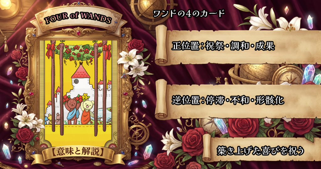 タロットカード「ワンドの4」の意味解説｜正位置：祝祭・安定・調和／逆位置：不安定・遅延・不調和