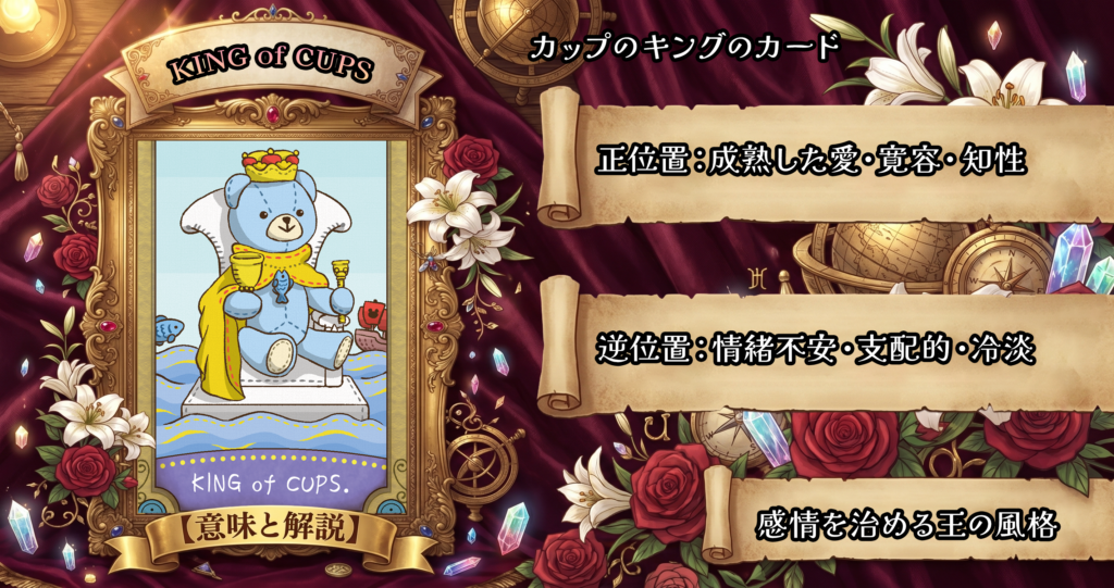 タロットカード「カップのキング」の意味解説｜正位置：寛容・包容力・成熟／逆位置：感情不安定・操作・冷酷