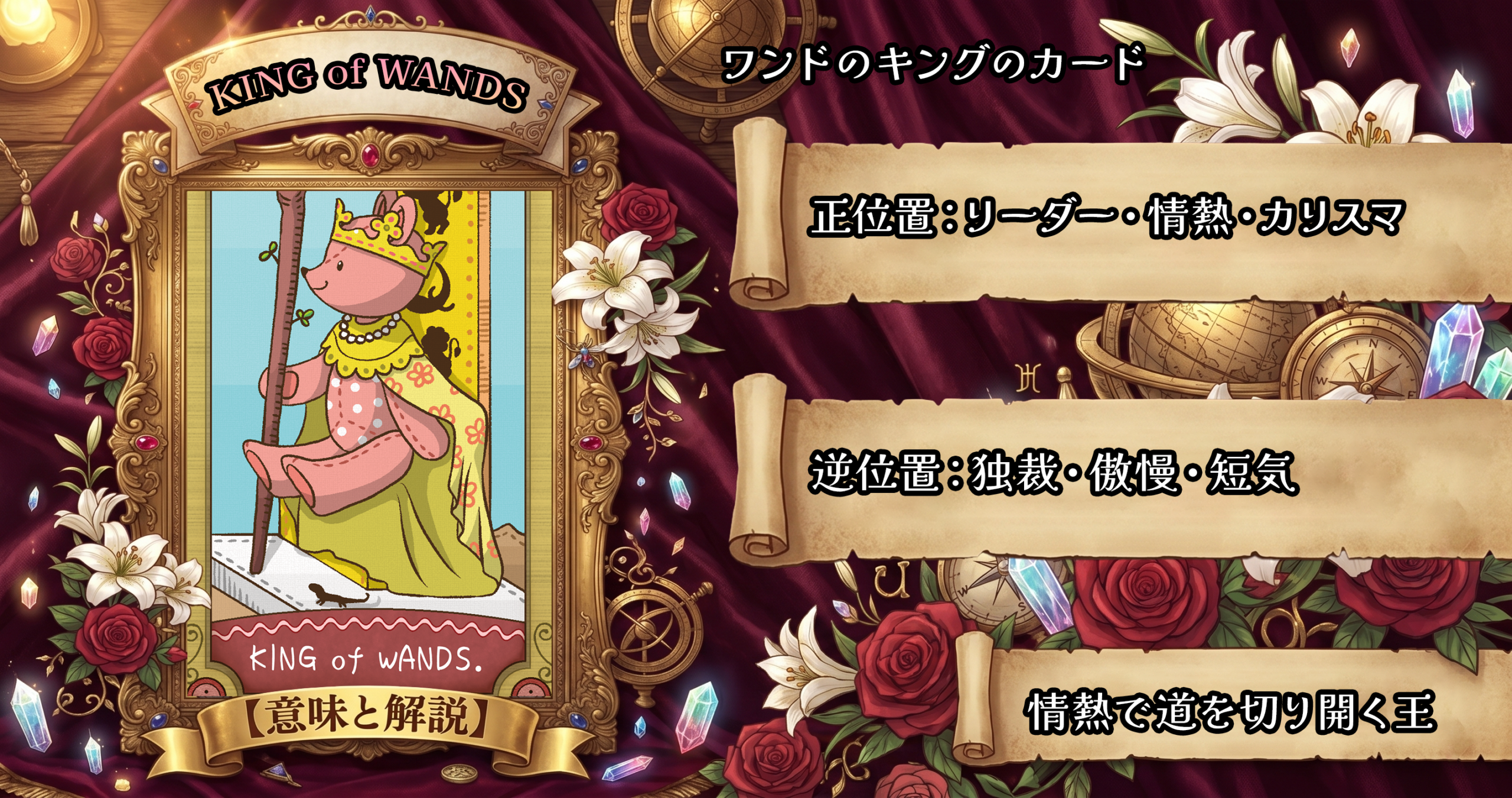 タロットカード「ワンドのキング」の意味解説｜正位置：リーダーシップ・情熱・統率／逆位置：独裁・短気・傲慢