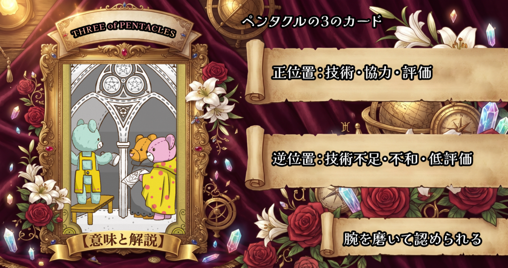 タロットカード「ペンタクルの3」の意味解説｜正位置：協力・技能・評価／逆位置：不和・未熟・低評価