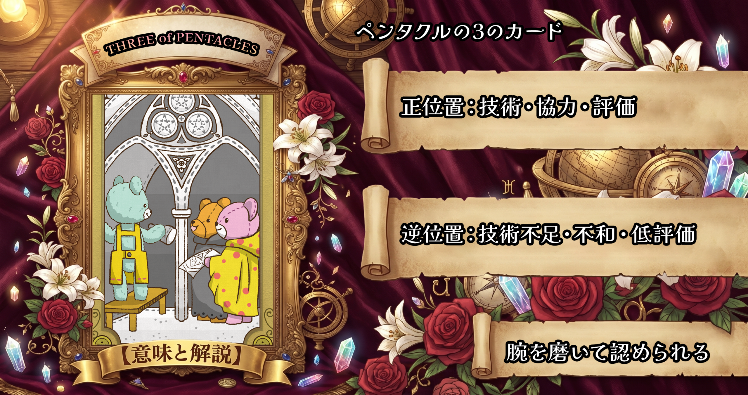 タロットカード「ペンタクルの3」の意味解説|正位置:協力・技能・評価/逆位置:不和・未熟・低評価