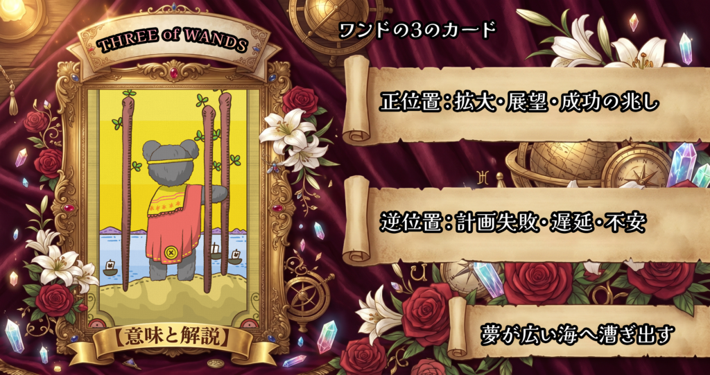 タロットカード「ワンドの3」の意味解説｜正位置：展望・拡大・進展／逆位置：計画失敗・遅延・障害