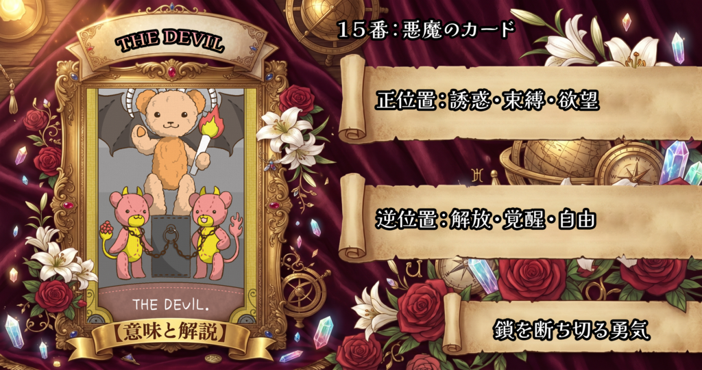 タロットカード「15 悪魔」の意味解説｜正位置：欲望・束縛・執着／逆位置：解放・自立・依存からの脱却