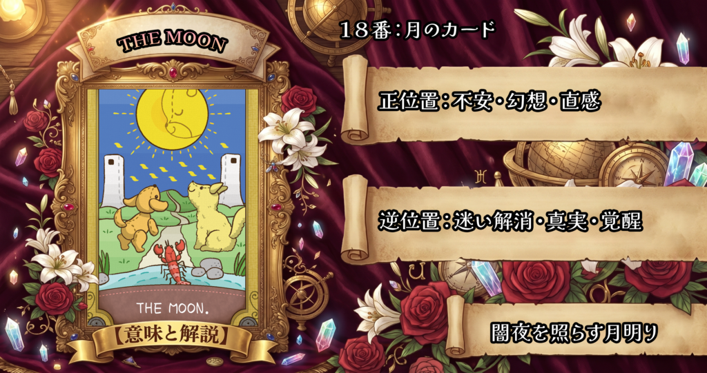 タロットカード「18 月」の意味解説｜正位置：不安・迷い・潜在意識／逆位置：解消・覚醒・真実が見える